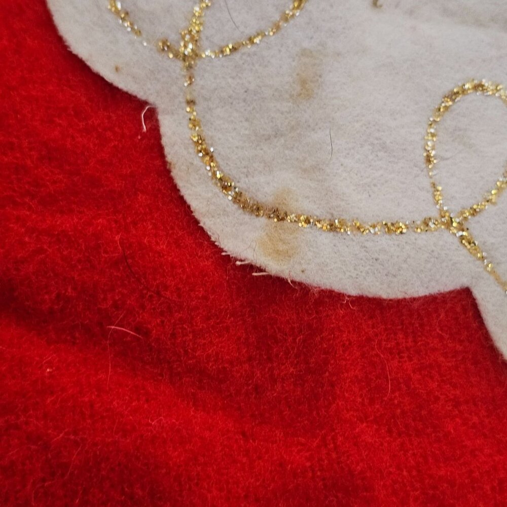 1970S Christmas Santa Claus Wool Tablecloth 37" gold glitter Trim vintage fringe - Picture 3 of 8